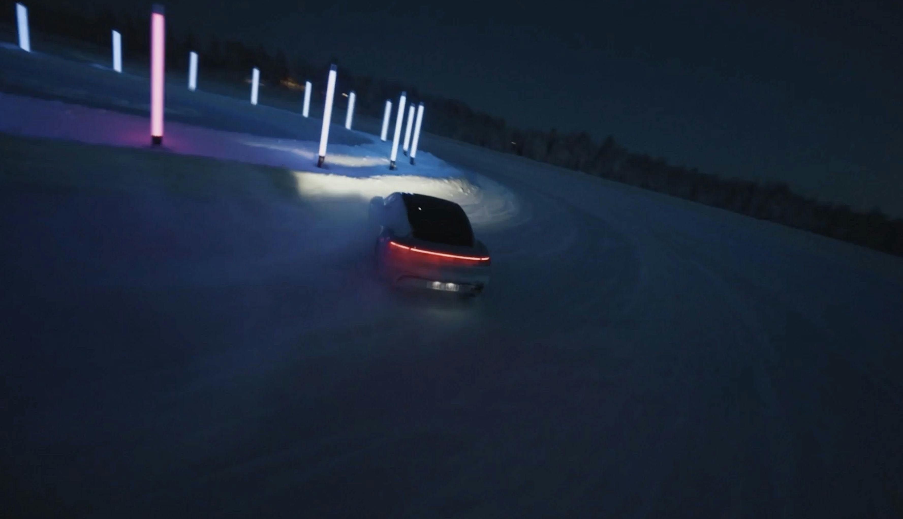 Porsche Taycan drifting in the Snow